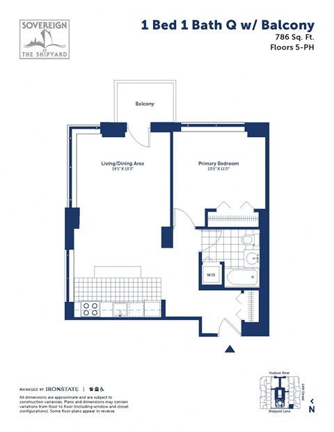 Floor plan for 1 bed, 1 bath, 786 sqft
